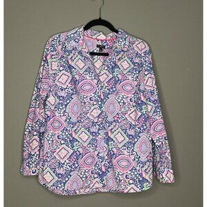 Talbot's Large Petite 100% Cotton Long Sleeve Button Up Paisley Blouse
